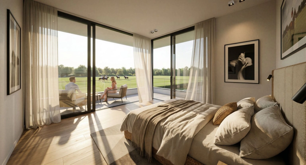 Dormitorio con vista a la cancha de polo en Hurlingham Park
