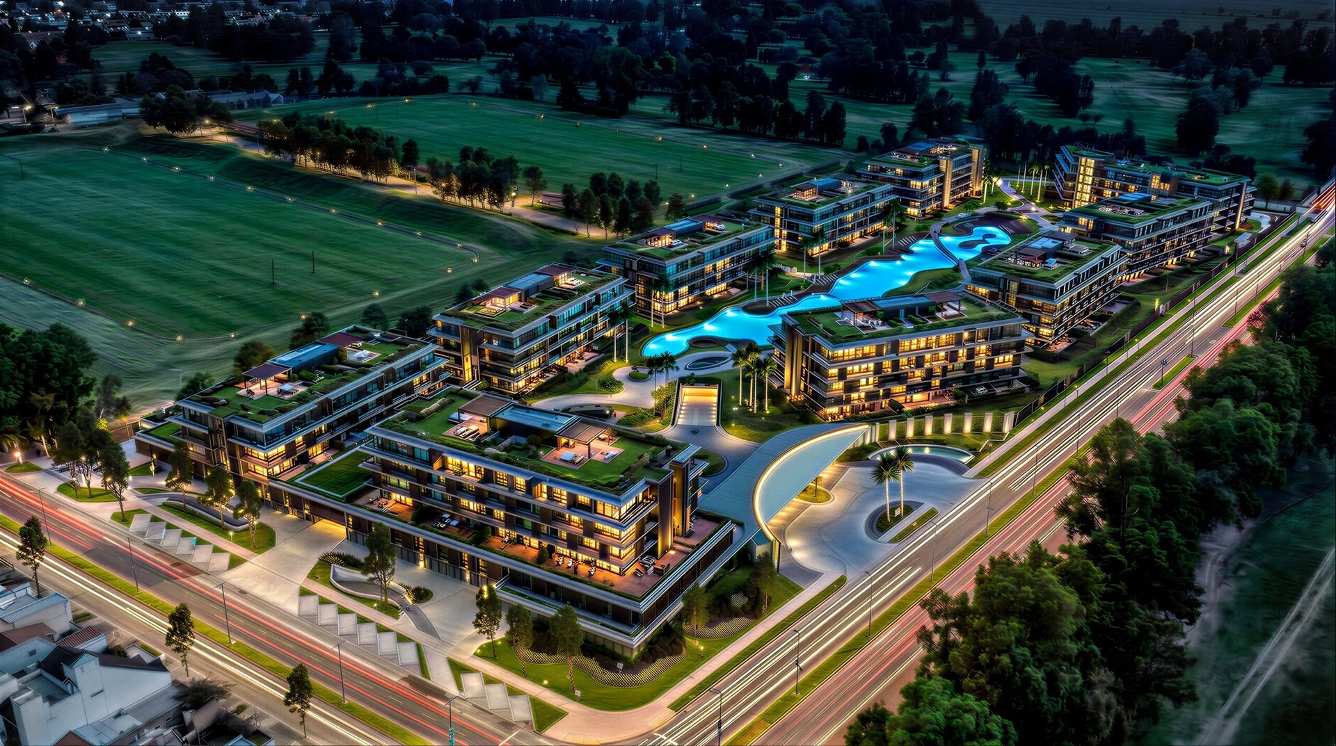 Vista aérea nocturna de Hurlingham Park
